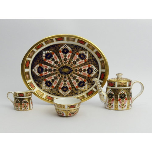 243 - Royal Crown Derby 1128 miniature Imari porcelain tea set on tray, tray 19.5 x 16cm. UK Postage £16.