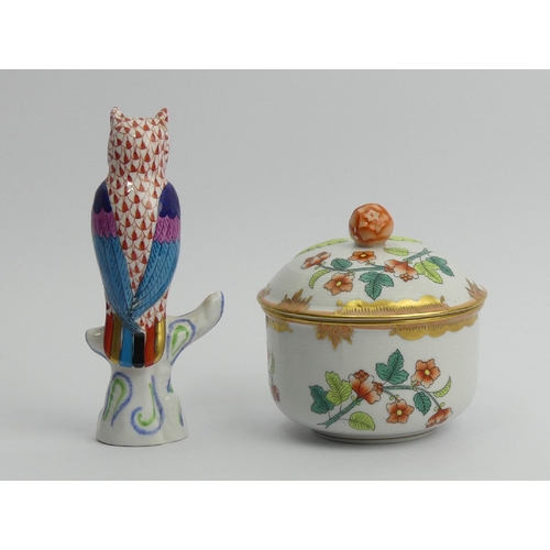 245 - Herend porcelain fishnet owl and a floral Herend trinket box, owl 13.5cm. UK Postage £12.