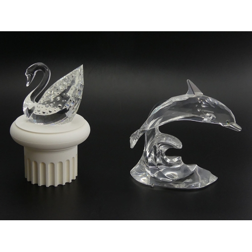 257 - Swarovski crystal Dolphin on a wave and Swarovski 100 year Swan Centenary, both boxed, Dolphin 9.5cm... 