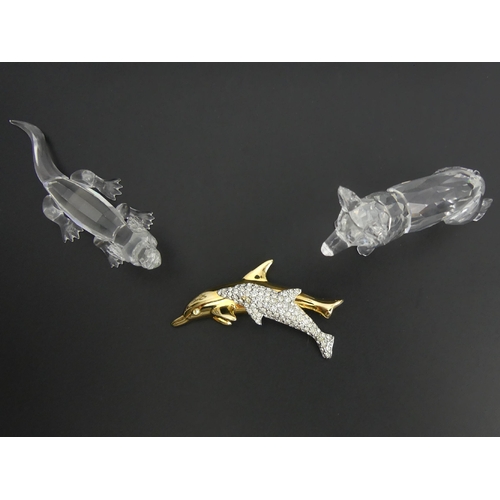 264 - Swarovski crystal Alsatian and a Baby Alligator along with a crystal Dolphin brooch all boxed, Allig... 