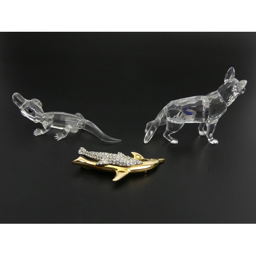 264 - Swarovski crystal Alsatian and a Baby Alligator along with a crystal Dolphin brooch all boxed, Allig... 