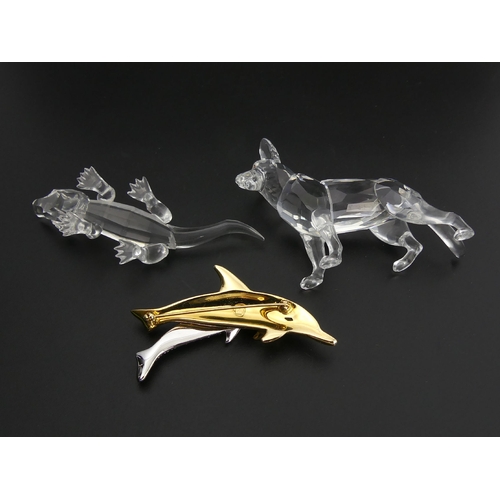 264 - Swarovski crystal Alsatian and a Baby Alligator along with a crystal Dolphin brooch all boxed, Allig... 