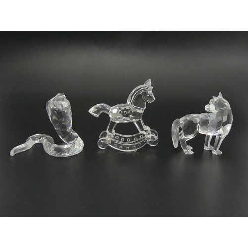 272 - Swarovski crystal Cobra, Rocking Horse and Wolf, all boxed, Wolf 5.5cm. UK Postage £14.