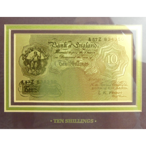 107 - A framed and glazed 24ct Ten Shilling note and a Five Pound note made in a Limited Edition, No 463 o... 