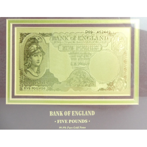 107 - A framed and glazed 24ct Ten Shilling note and a Five Pound note made in a Limited Edition, No 463 o... 