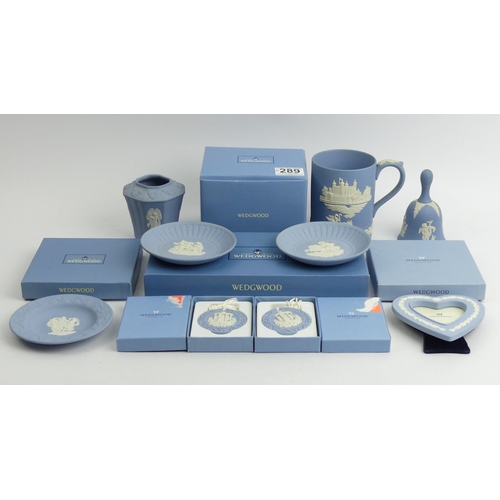 210 - Boxed Wedgwood blue Jasper Ware frame, Christmas decorations, trays and a tankard, Millenium cups an... 