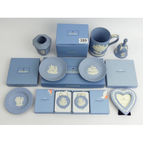 210 - Boxed Wedgwood blue Jasper Ware frame, Christmas decorations, trays and a tankard, Millenium cups an... 