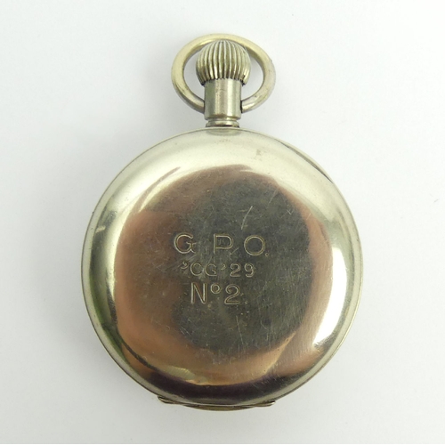 81 - G.P.O No 2 Nickel cased pocket stop watch. 69 x 48mm,  UK Postage £12. Condition Report: In working ... 