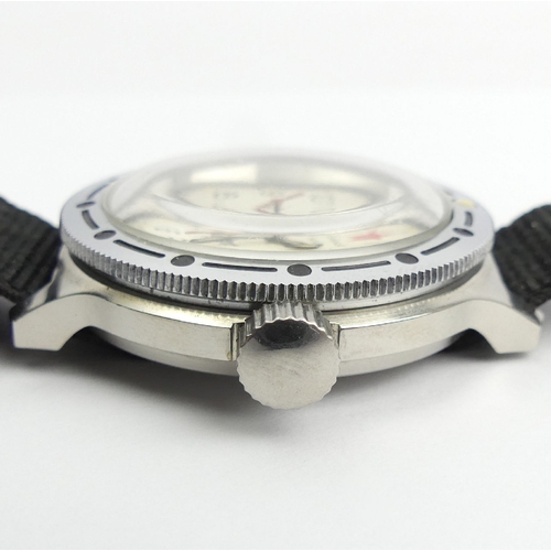 95 - Russian stainless steel submarine automatic watch on a cloth strap, 44mm wide including button. UK P... 