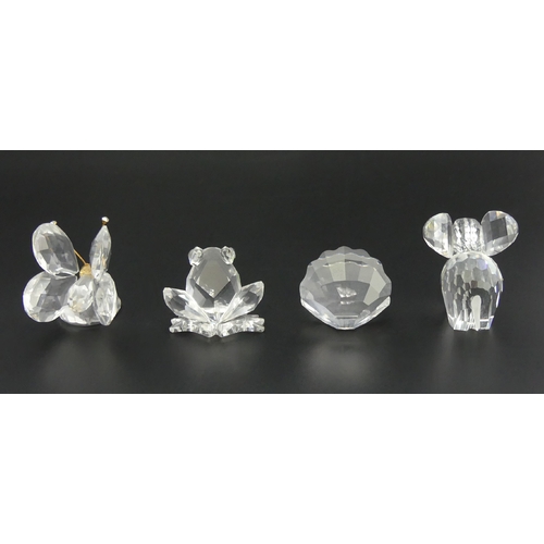 282 - Four Swarovski figures, a frog, elephant, oyster and butterfly in original boxes, butterfly 38cm. UK... 