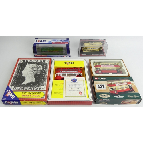 306 - Corgi 150th Anniversary of the Penny Post, Corgi Tram and two Corgi omnibuses diecast models. UK Pos... 