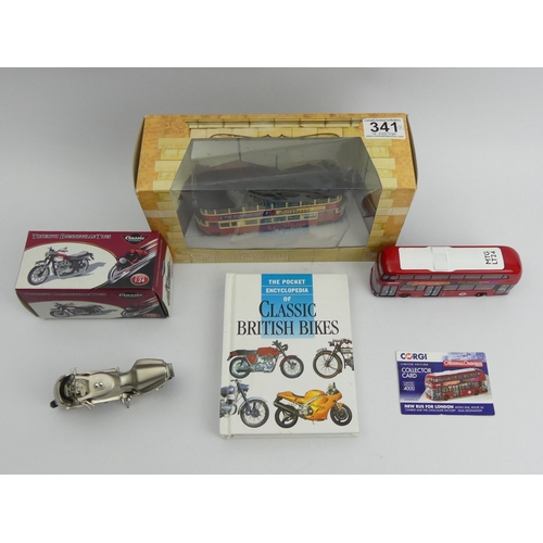 308 - Corgi original Omnibus, Corgi New Bus for London, Triumph Bonneville T120, 1:24 scale motorcycle, a ... 