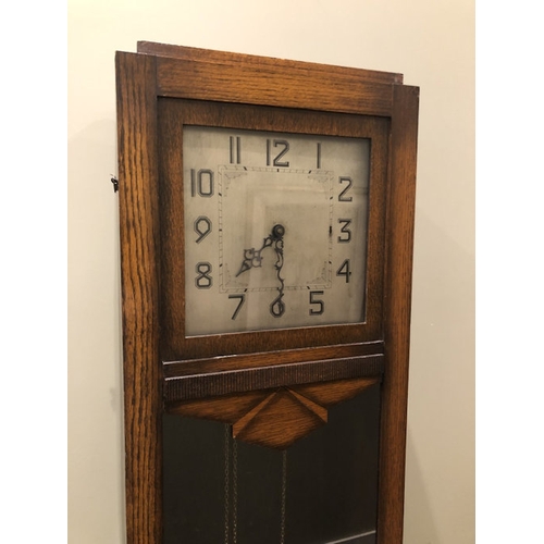 334 - Art Deco oak cased long cased clock with pendulum and weights, 193cm x 51cm x 31cm.  Collection only... 