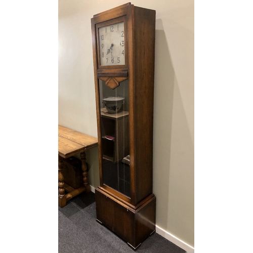 334 - Art Deco oak cased long cased clock with pendulum and weights, 193cm x 51cm x 31cm.  Collection only... 