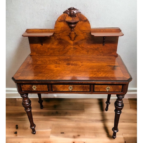 335 - Victorian figured Walnut three drawer side table, 99cm high x 51cm. Collection only.