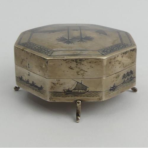 111 - Antique Iraqi silver and Niello trinket box, 108 grams, 80mm x 38mm. UK Postage £12.