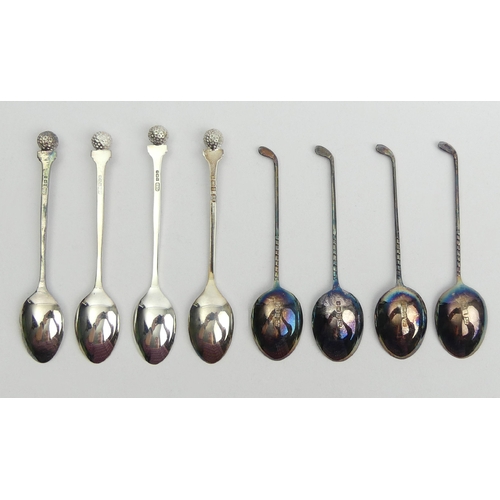 116 - Eight silver golfing design spoons, 68.6 grams, 10.4cm x 9.4cm. UK Postage £12.