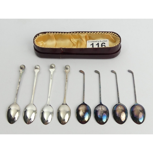 116 - Eight silver golfing design spoons, 68.6 grams, 10.4cm x 9.4cm. UK Postage £12.