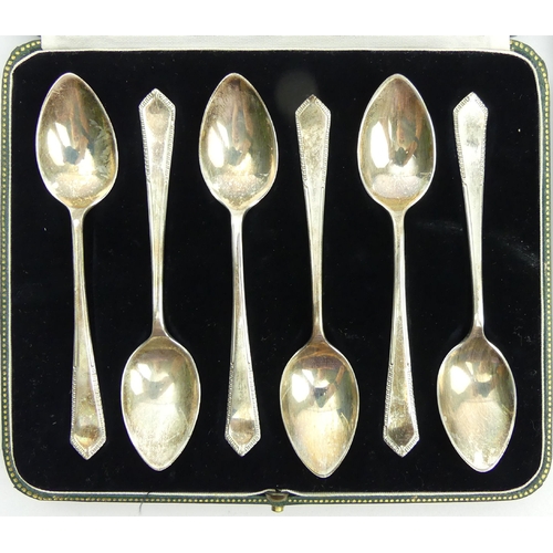 118 - James Dixon & Sons cased set of six silver teaspoons and a set of six silver coffee spoons, 114 gram... 