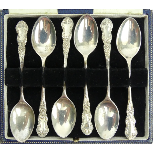 118 - James Dixon & Sons cased set of six silver teaspoons and a set of six silver coffee spoons, 114 gram... 