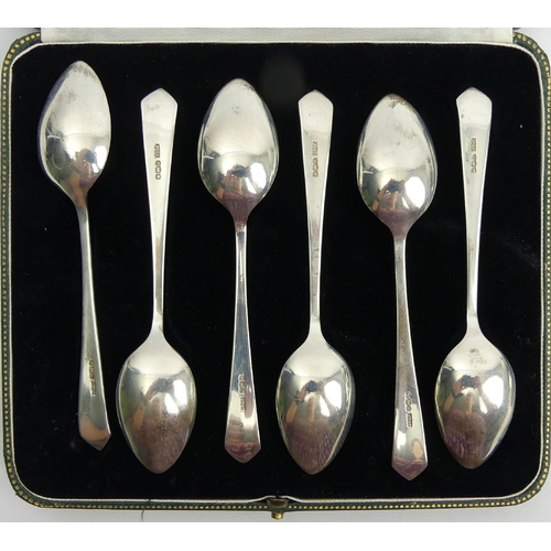 118 - James Dixon & Sons cased set of six silver teaspoons and a set of six silver coffee spoons, 114 gram... 