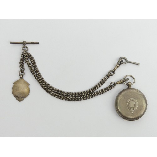 84 - Silver open face pocket watch and Silver Albert chain, chain 44 grams, watch 58mm long. UK Postage £... 