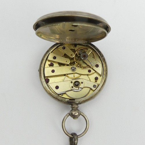 84 - Silver open face pocket watch and Silver Albert chain, chain 44 grams, watch 58mm long. UK Postage £... 