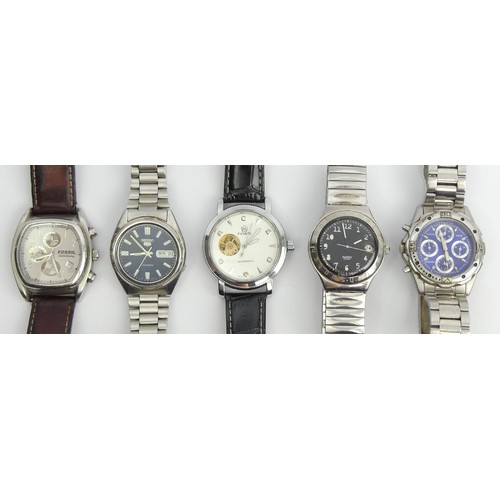 92 - Five Gents watches including a Seiko Day Date Automatic example. UK Postage £12.