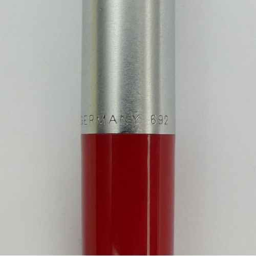 157 - Unusual Mont Blanc stainless steel and red ballpoint pen, No 692, 13.2cm, UK Postage £12.