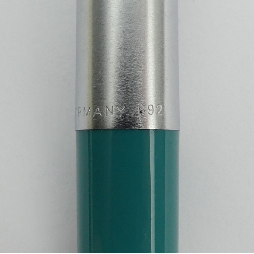 160 - Unusual Mont Blanc steel and turquoise ballpoint pen No 692, 13.2cm, UK Postage £12.