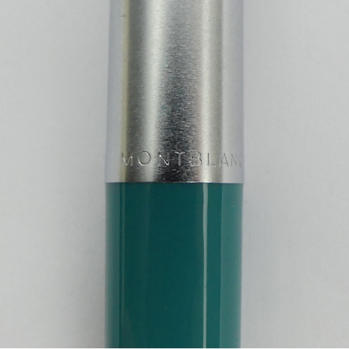 160 - Unusual Mont Blanc steel and turquoise ballpoint pen No 692, 13.2cm, UK Postage £12.