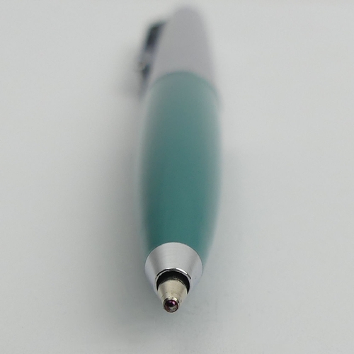 160 - Unusual Mont Blanc steel and turquoise ballpoint pen No 692, 13.2cm, UK Postage £12.