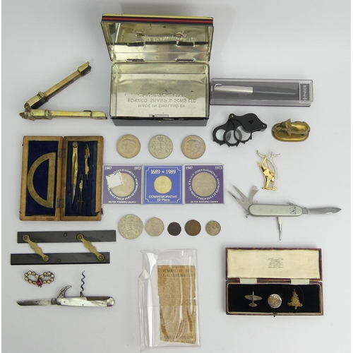 165 - A Parker pen, mother of pearl handled pocket knife, brass elephant and nutcracker along with other i... 