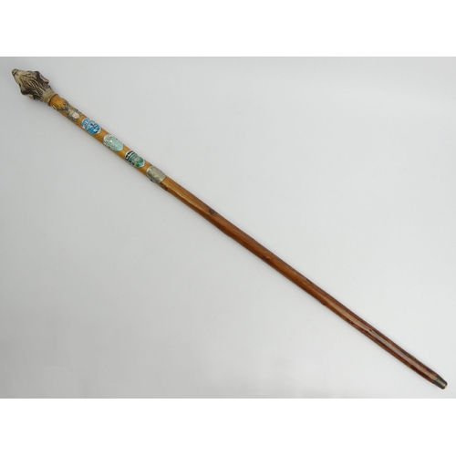 175 - A Dogs head walking stick with Scottish badges, 93cm. UK Postage £15.