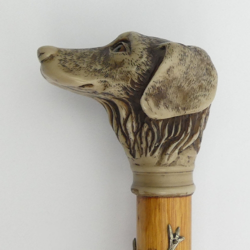 175 - A Dogs head walking stick with Scottish badges, 93cm. UK Postage £15.