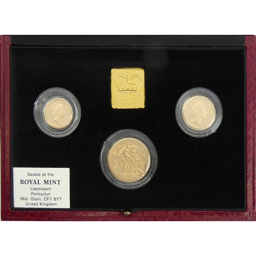 106 - UK Gold proof sovereign three coin set in presentation case. UK Postage £15.