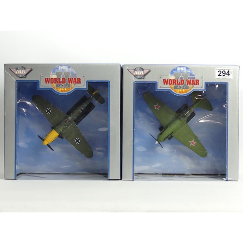 294 - World War II series 1:48 scale diecast planes - A Messerschmitt BF109 and a Mig-3, both boxed. UK Po... 