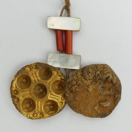 57 - Unusual antique gold amulet pendant with abalone and coral. 10.5 grams, 7cm long x 3.6cm wide. UK Po... 