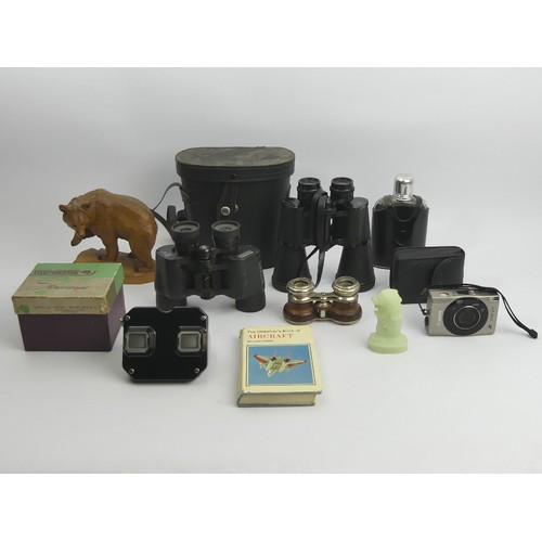 181 - Black Forest Bear, View Master, three pairs of binoculars, a Cannon camera, a hip flask, a book and ... 