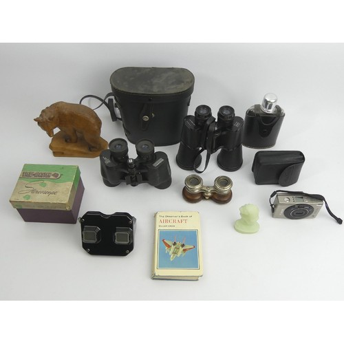 181 - Black Forest Bear, View Master, three pairs of binoculars, a Cannon camera, a hip flask, a book and ... 