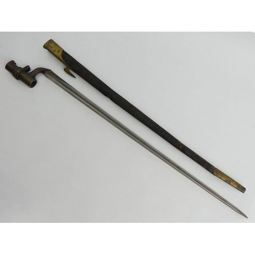 130 - British C.1850 socket pattern bayonet with a leather and brass scabbard, 65cm, UK Postage £16.