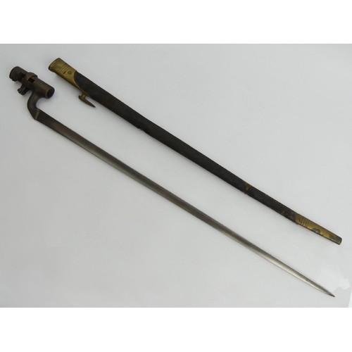 130 - British C.1850 socket pattern bayonet with a leather and brass scabbard, 65cm, UK Postage £16.