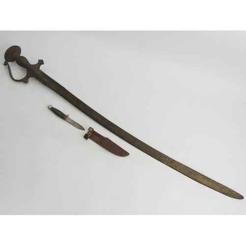 138 - An old Tulwar and a small knife in a leather scabbard, 91cm. UK Postage £16.