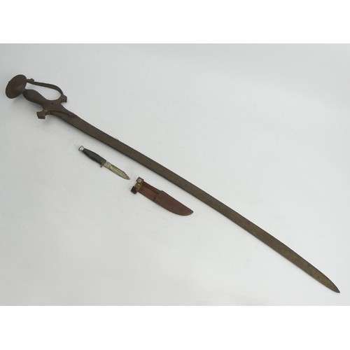 138 - An old Tulwar and a small knife in a leather scabbard, 91cm. UK Postage £16.