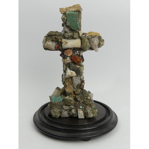 168 - A Victorian specimen stone cross under a glass dome, 28cm high, Collection Only