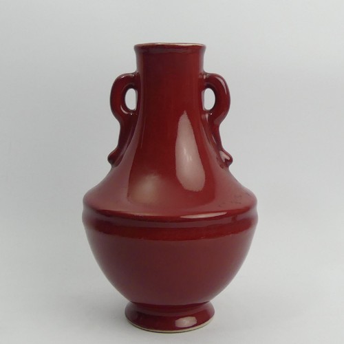 187 - Chinese flambe glaze twin handled porcelain vase, 24cm x 15cm. UK Postage £16.