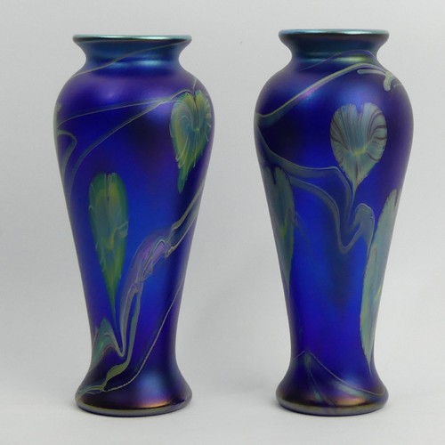 194 - Signed pair of Okra iridescent art glass vases by Dave Barras, 22cm high. UK Postage £16.