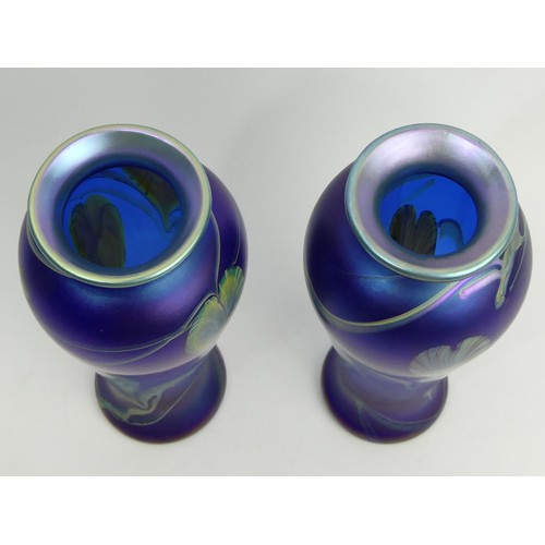 194 - Signed pair of Okra iridescent art glass vases by Dave Barras, 22cm high. UK Postage £16.