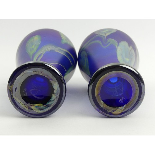 194 - Signed pair of Okra iridescent art glass vases by Dave Barras, 22cm high. UK Postage £16.