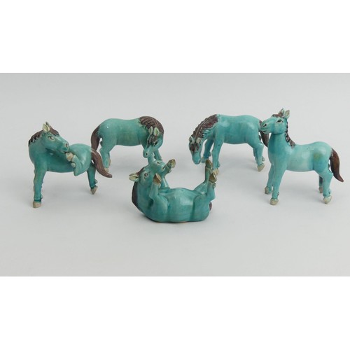 192 - Five Chinese turquoise glazed figures of horses, 9cm. UK Postage £14.